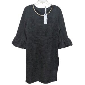 NY Collection Black Pearl Neck Bell Sleeve Textured Shift Dress XL NWT 785810